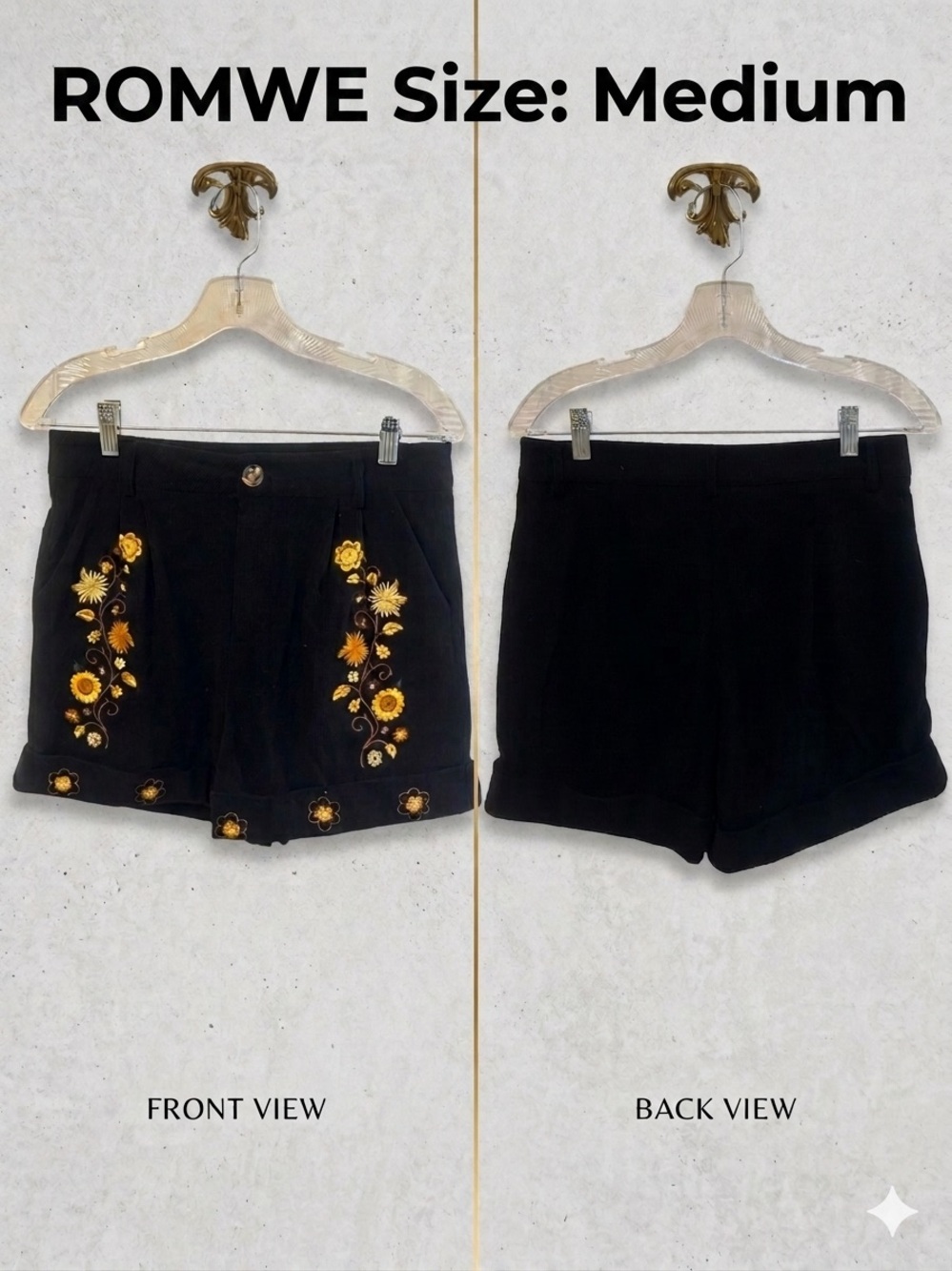 Romwe Black Corduroy Embroidered Floral Cuffed Shorts M NWOT Boho Cottagecore